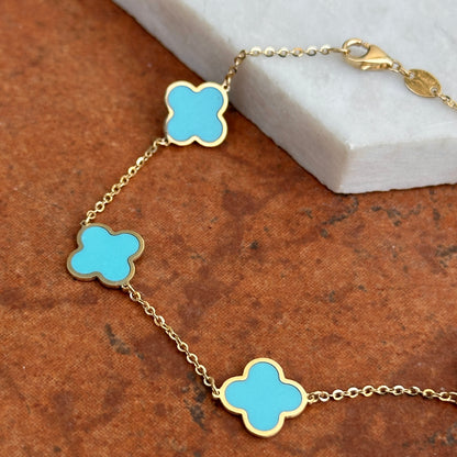 14KT Yellow Gold Turquoise 10mm 4 Leaf Cover Charm Chain Bracelet