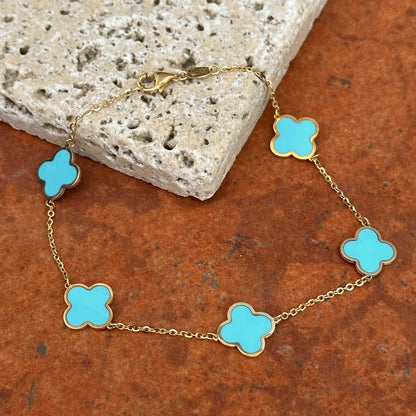 14KT Yellow Gold Turquoise 10mm 4 Leaf Cover Charm Chain Bracelet