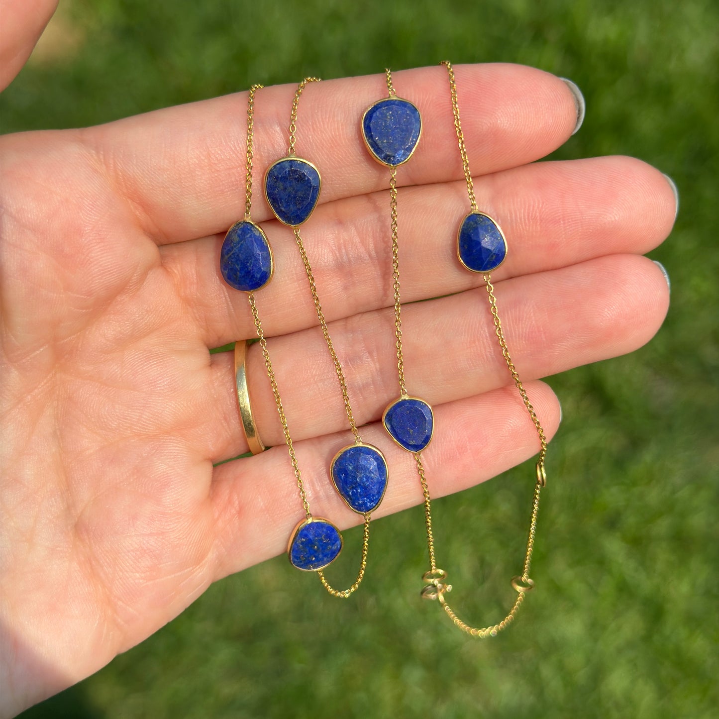 18KT Yellow Gold Bezel Set Lapis Station Necklace