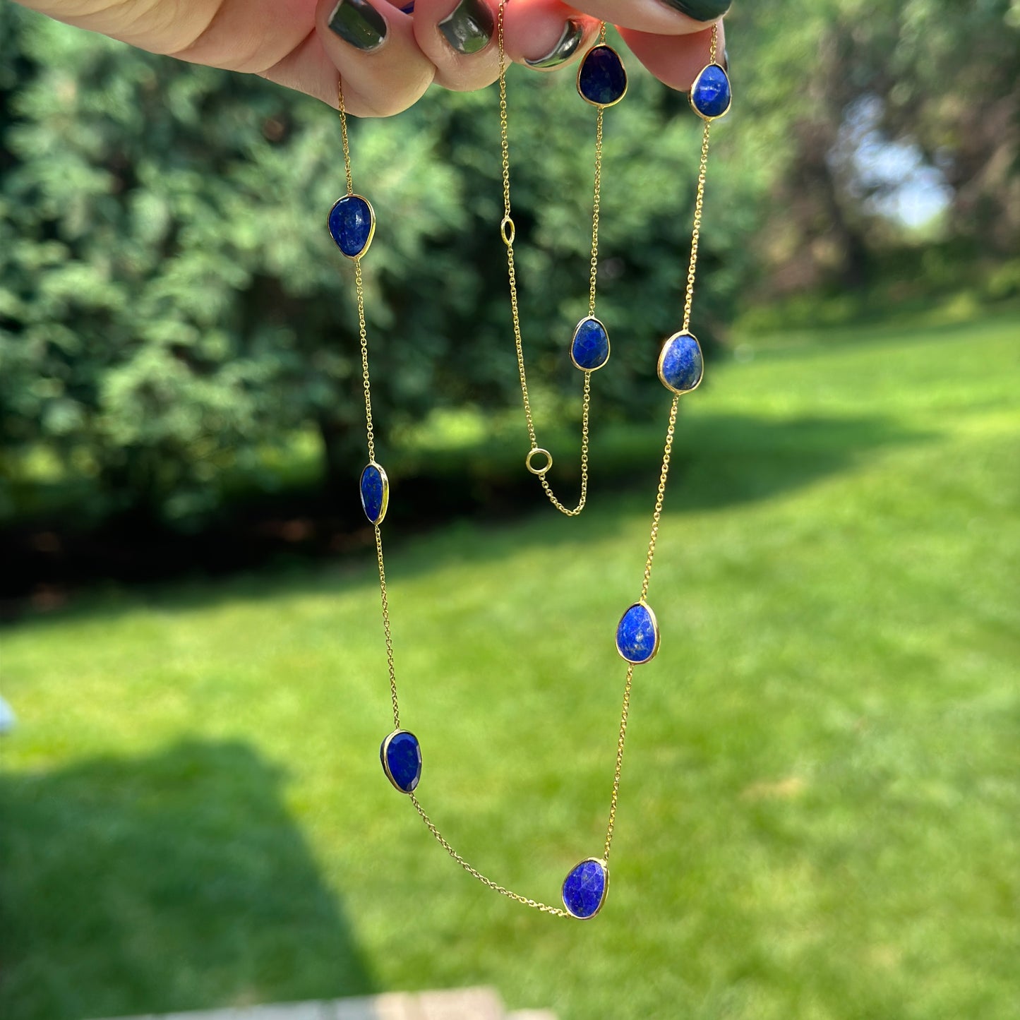 18KT Yellow Gold Bezel Set Lapis Station Necklace