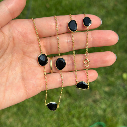 Sterling Silver Yellow Gold-Plated Black Onyx Cable Link Station Necklace