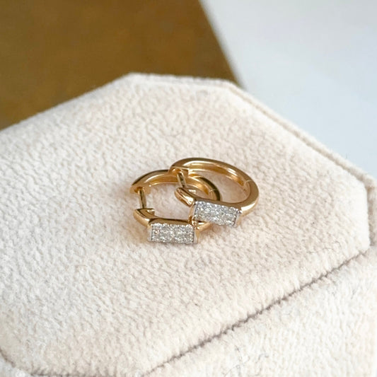 14KT Yellow Gold Pave Diamond Bar Huggie Hoop Earrings