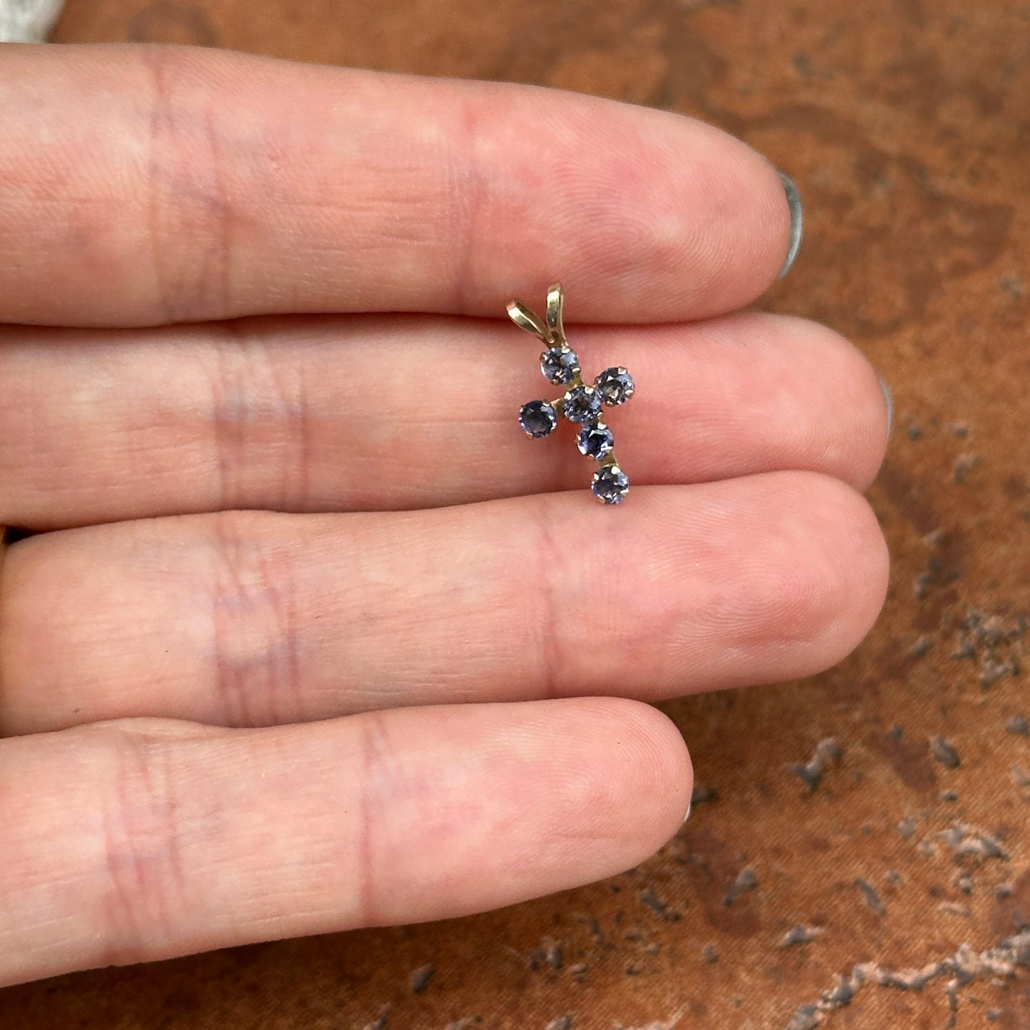 10KT Yellow Gold Iolite Small Cross Pendant Charm