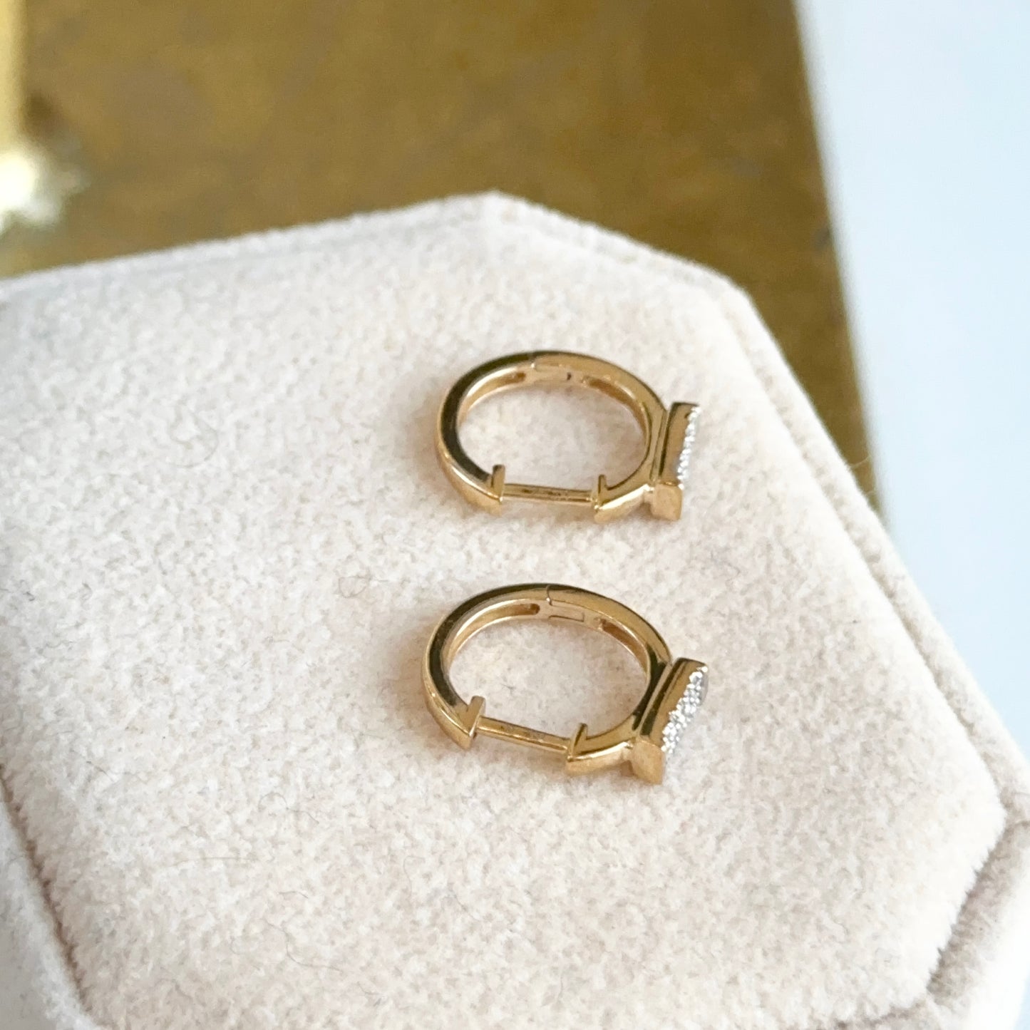 14KT Yellow Gold Pave Diamond Bar Huggie Hoop Earrings