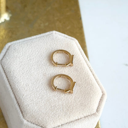 14KT Yellow Gold Pave Diamond Bar Huggie Hoop Earrings