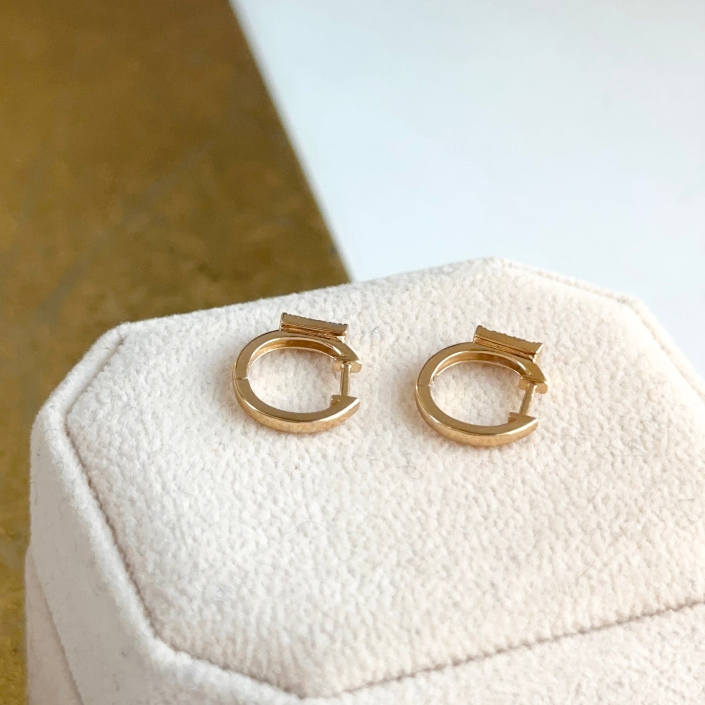 14KT Yellow Gold Pave Diamond Bar Huggie Hoop Earrings