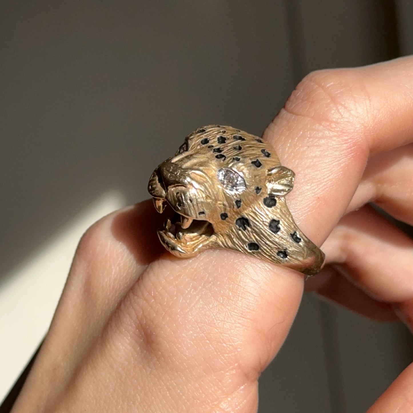 Estate 14KT Yellow Gold Pave Diamond + Enamel Panther Cougar Head Ring