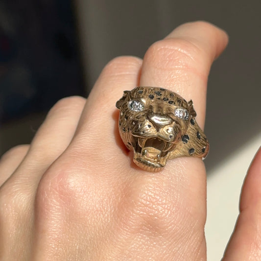 Estate 14KT Yellow Gold Pave Diamond + Enamel Panther Cougar Head Ring