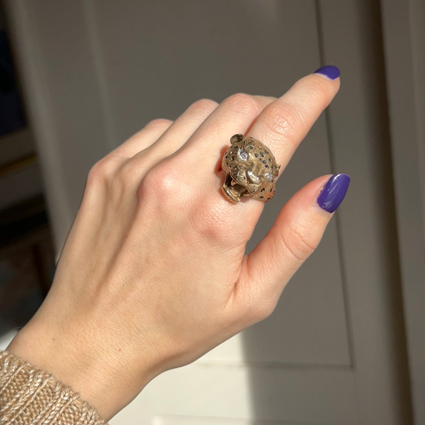 Estate 14KT Yellow Gold Pave Diamond + Enamel Panther Cougar Head Ring