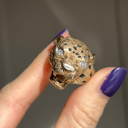 Estate 14KT Yellow Gold Pave Diamond + Enamel Panther Cougar Head Ring