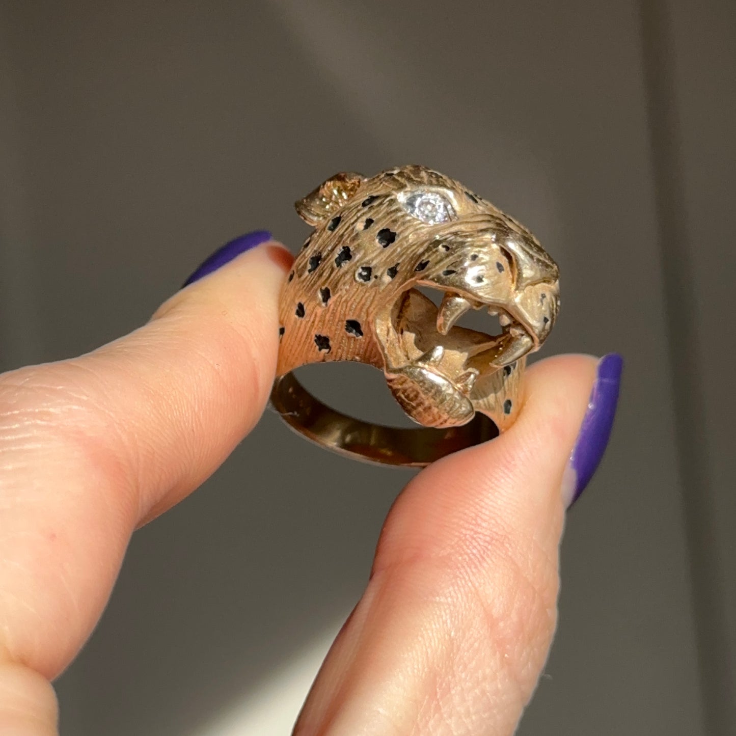 Estate 14KT Yellow Gold Pave Diamond + Enamel Panther Cougar Head Ring