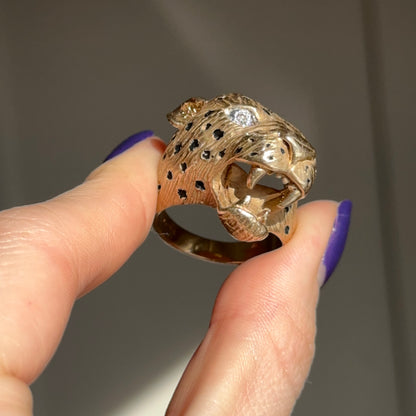 Estate 14KT Yellow Gold Pave Diamond + Enamel Panther Cougar Head Ring