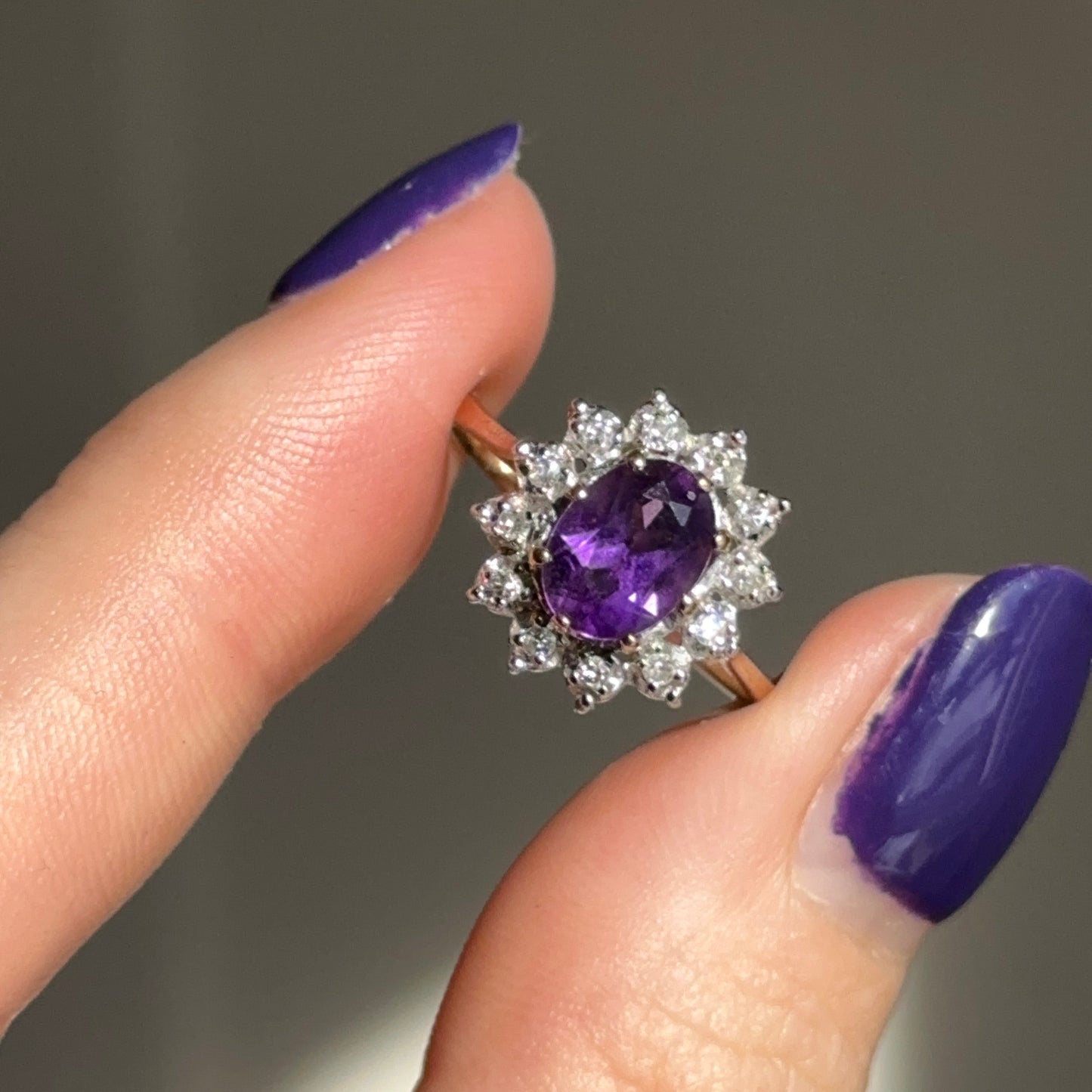 Estate 10KT Yellow Gold Pave Diamond Halo + Oval Purple Amethyst Ring