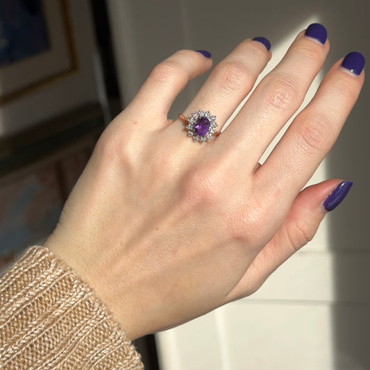 Estate 10KT Yellow Gold Pave Diamond Halo + Oval Purple Amethyst Ring