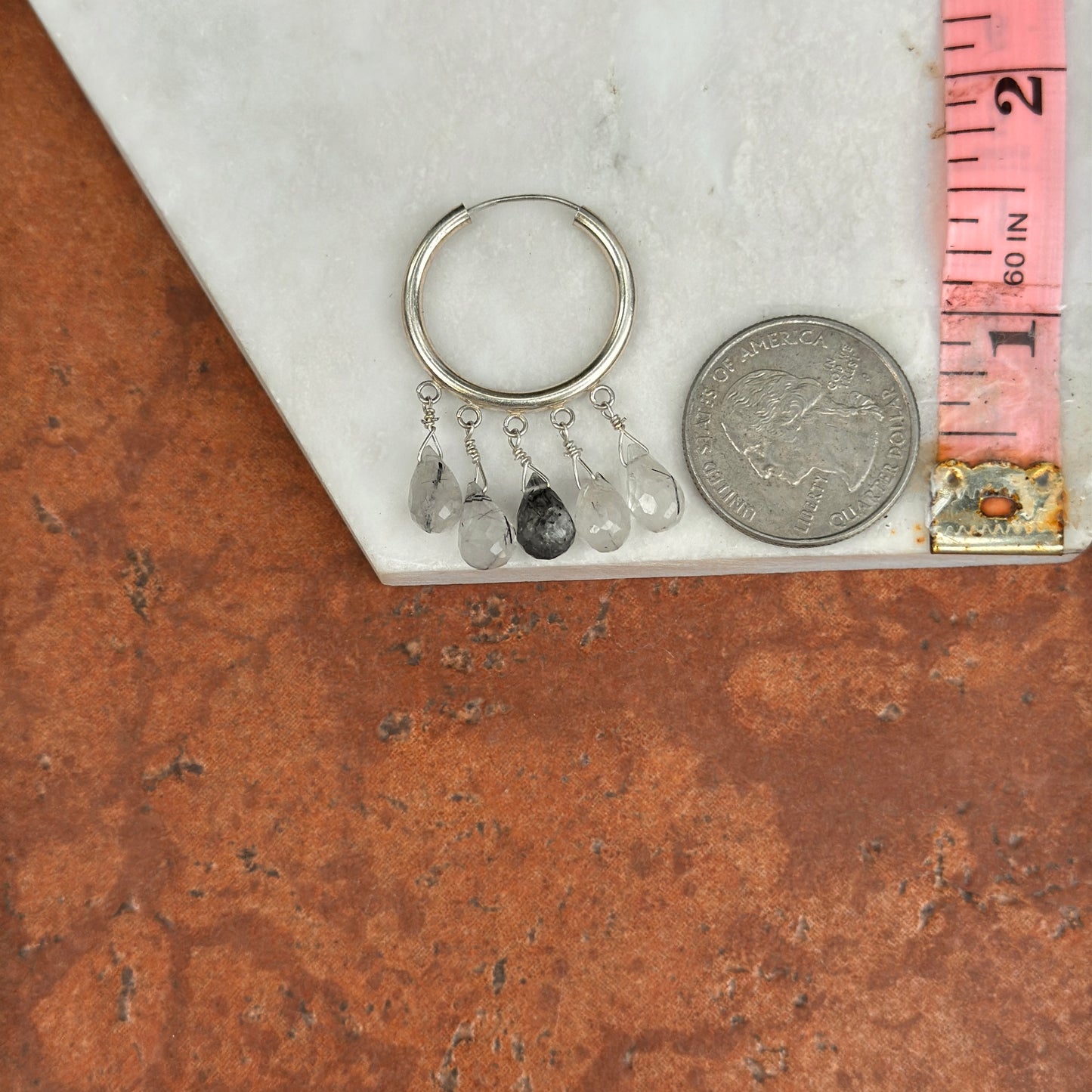 Sterling Silver Briolette Tourmalinated Quartz Dangle Hoop Earrings