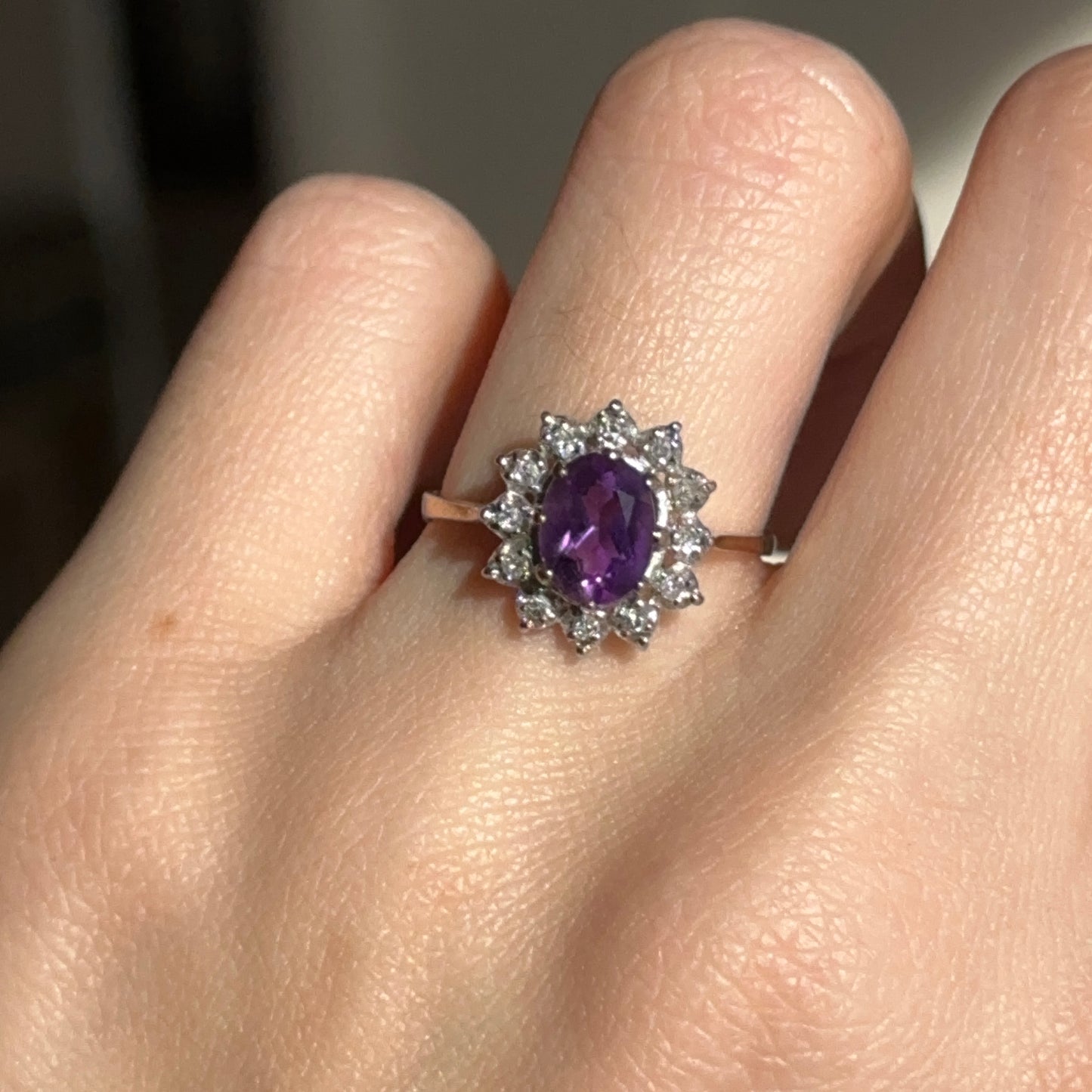 Estate 10KT Yellow Gold Pave Diamond Halo + Oval Purple Amethyst Ring