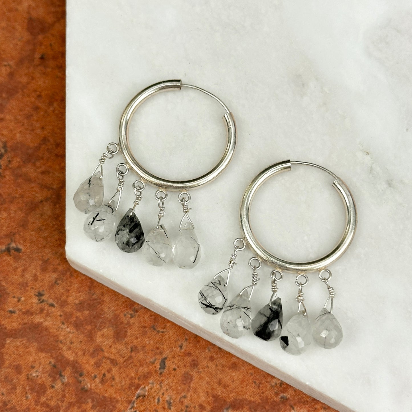 Sterling Silver Briolette Tourmalinated Quartz Dangle Hoop Earrings
