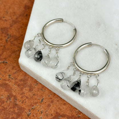 Sterling Silver Briolette Tourmalinated Quartz Dangle Hoop Earrings