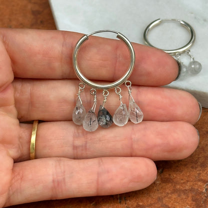 Sterling Silver Briolette Tourmalinated Quartz Dangle Hoop Earrings