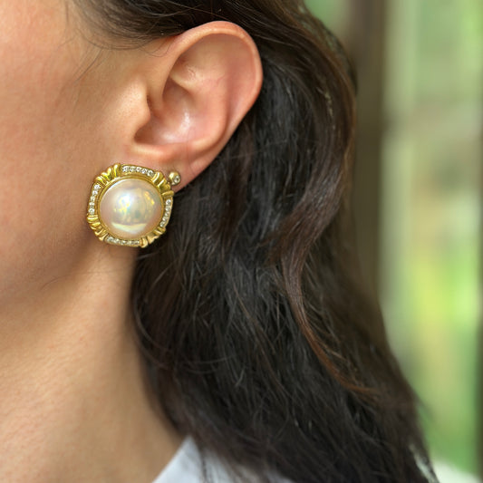 Estate 18KT Yellow Gold Mabe Pearl + Diamond Clip-On Earrings