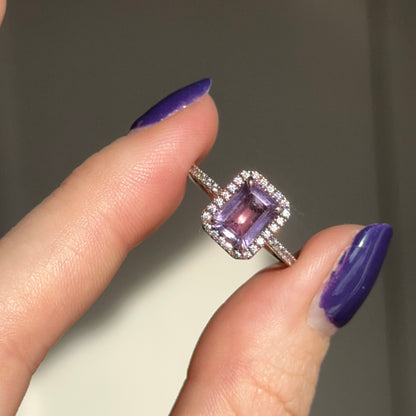 Estate 10KT Rose Gold Emerald Cut Amethyst + Round Diamond Halo Ring