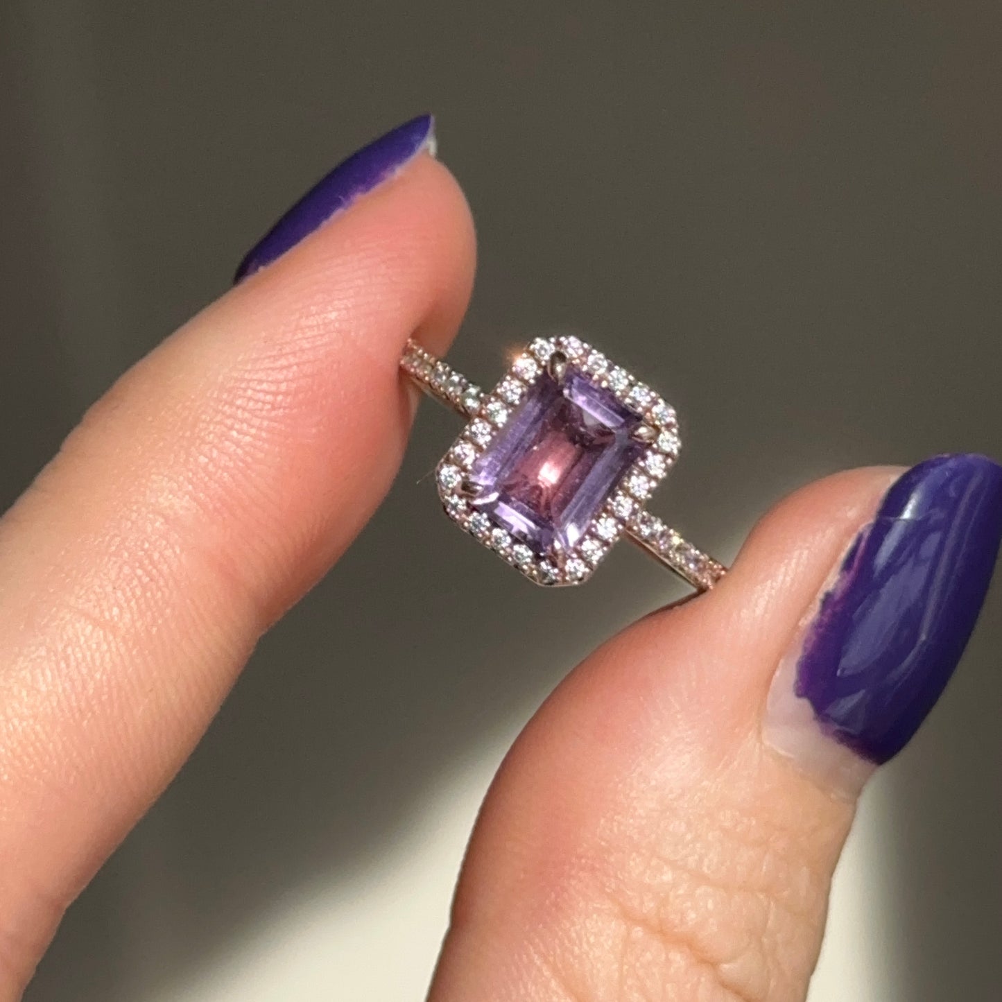 Estate 10KT Rose Gold Emerald Cut Amethyst + Round Diamond Halo Ring