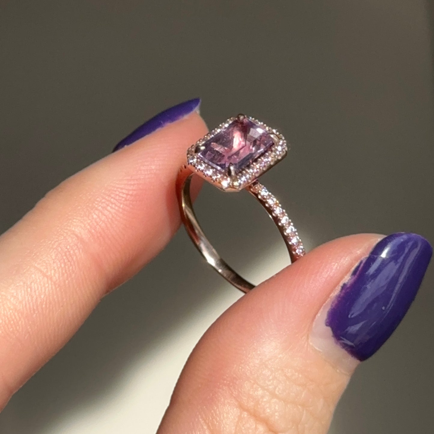 Estate 10KT Rose Gold Emerald Cut Amethyst + Round Diamond Halo Ring