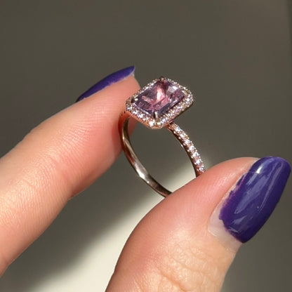 Estate 10KT Rose Gold Emerald Cut Amethyst + Round Diamond Halo Ring