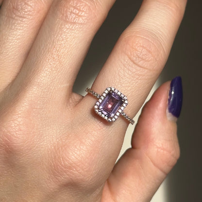 Estate 10KT Rose Gold Emerald Cut Amethyst + Round Diamond Halo Ring