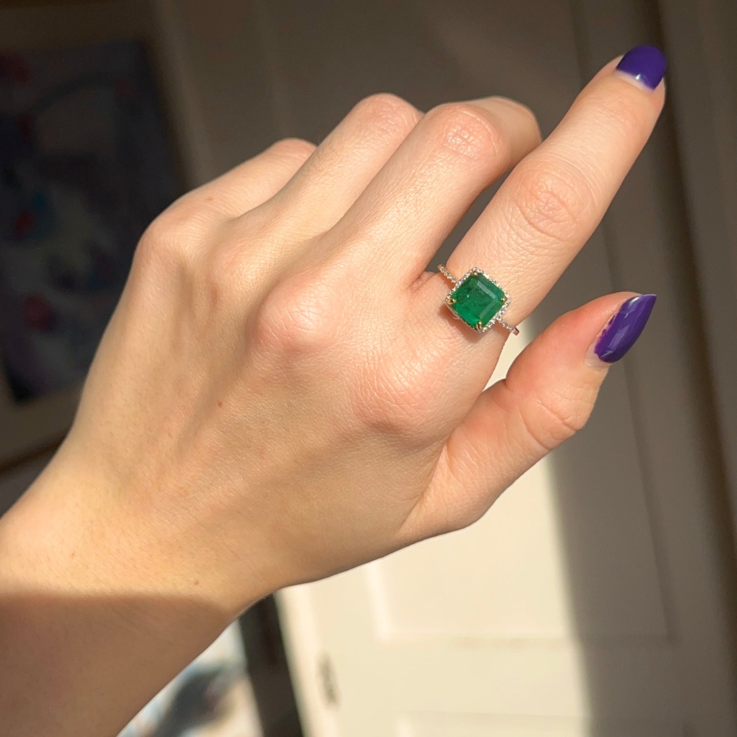 Estate 14KT Yellow Gold Square Emerald + Diamond Halo Ring Size 7.25