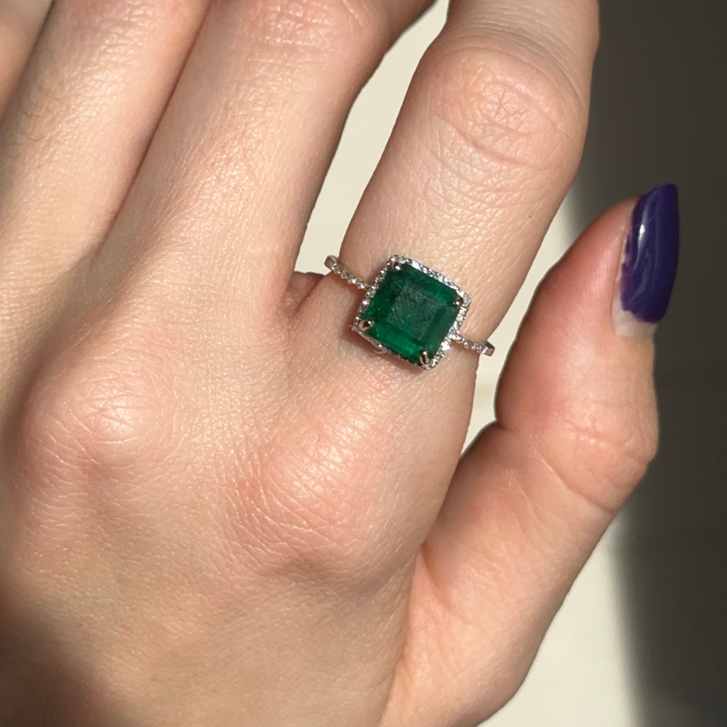 Estate 14KT Yellow Gold Square Emerald + Diamond Halo Ring Size 7.25