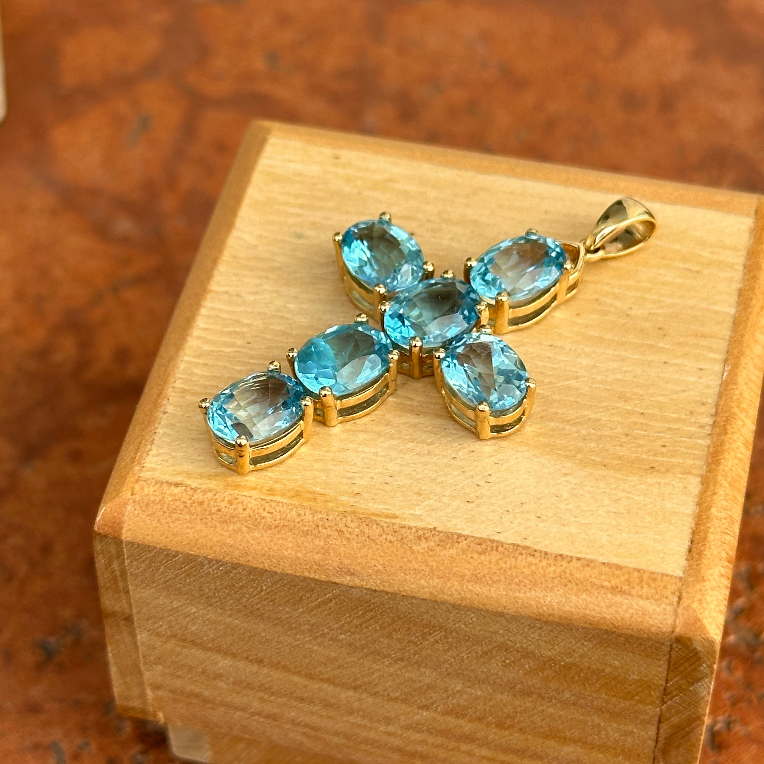 10K Yellow Gold Swiss Blue Topaz Twist Cross outlets Pendant Charm