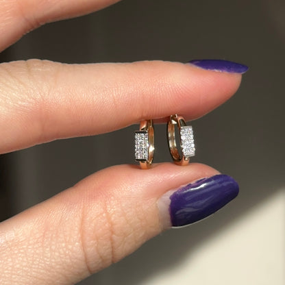 14KT Yellow Gold Pave Diamond Bar Huggie Hoop Earrings