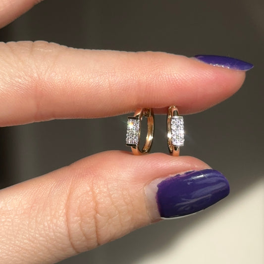 14KT Yellow Gold Pave Diamond Bar Huggie Hoop Earrings