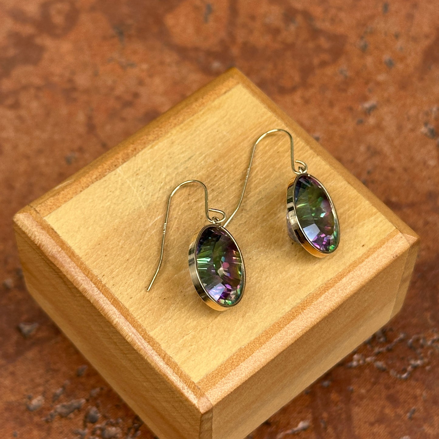 14KT Yellow Gold Oval Mystic Quartz Wire Dangle Earrings