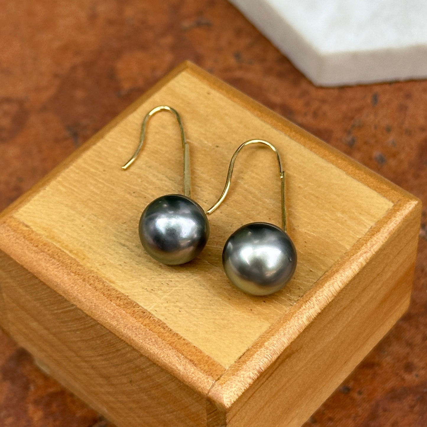 18KT Yellow Gold Black South Sea Pearl Wire Dangle Earrings