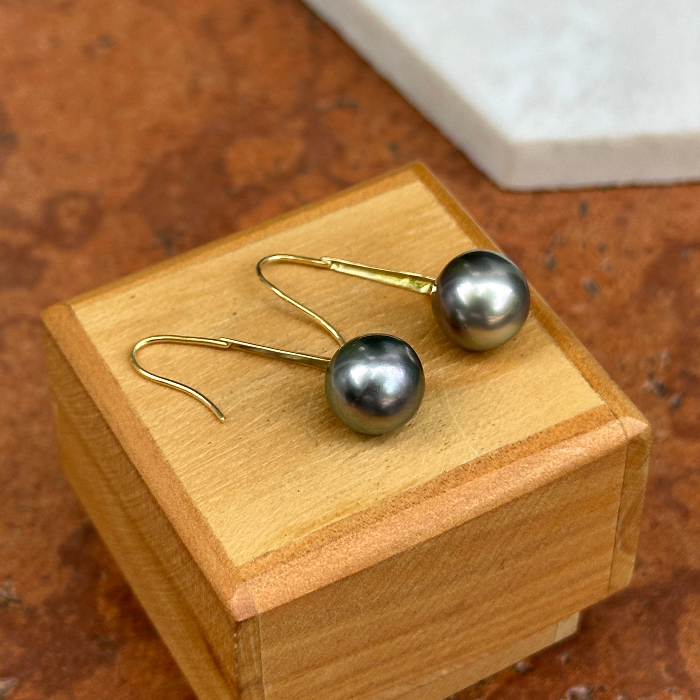 18KT Yellow Gold Black South Sea Pearl Wire Dangle Earrings