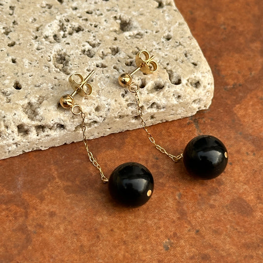 14KT Yellow Gold Black Onyx Ball Chain Drop Earrings