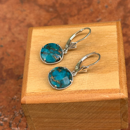 Sterling Silver Round Cabochon Turquoise Twisted Bezel Lever Back Earrings