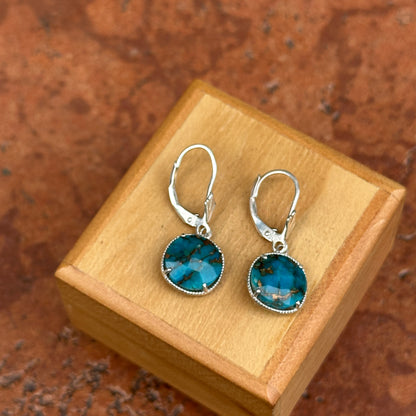 Sterling Silver Round Cabochon Turquoise Twisted Bezel Lever Back Earrings