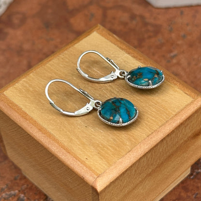 Sterling Silver Round Cabochon Turquoise Twisted Bezel Lever Back Earrings