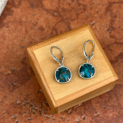 Sterling Silver Round Cabochon Turquoise Twisted Bezel Lever Back Earrings