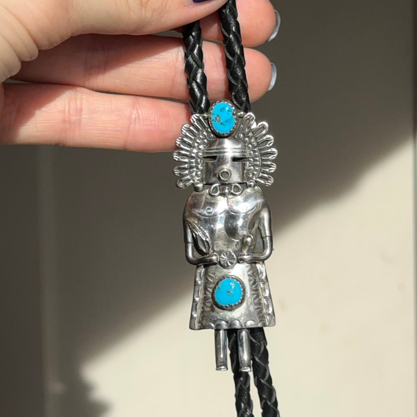 Native American Kachina Sterling Silver Turquoise Bolo Tie Necklace