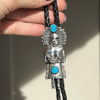 Native American Kachina Sterling Silver Turquoise Bolo Tie Necklace