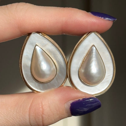 Estate 14KT Yellow Gold Teardrop Mabe Pearl + Mother of Pearl Omega Earrings