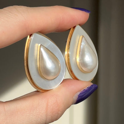 Estate 14KT Yellow Gold Teardrop Mabe Pearl + Mother of Pearl Omega Earrings