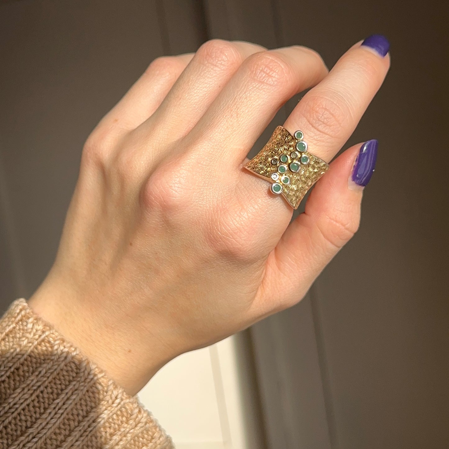 Estate Gold-Plated Sterling Silver Round Emeralds Bezel Textured Ring