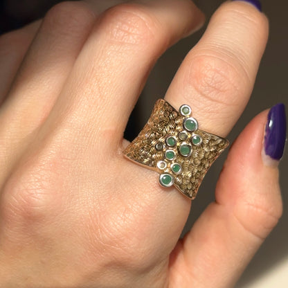 Estate Gold-Plated Sterling Silver Round Emeralds Bezel Textured Ring