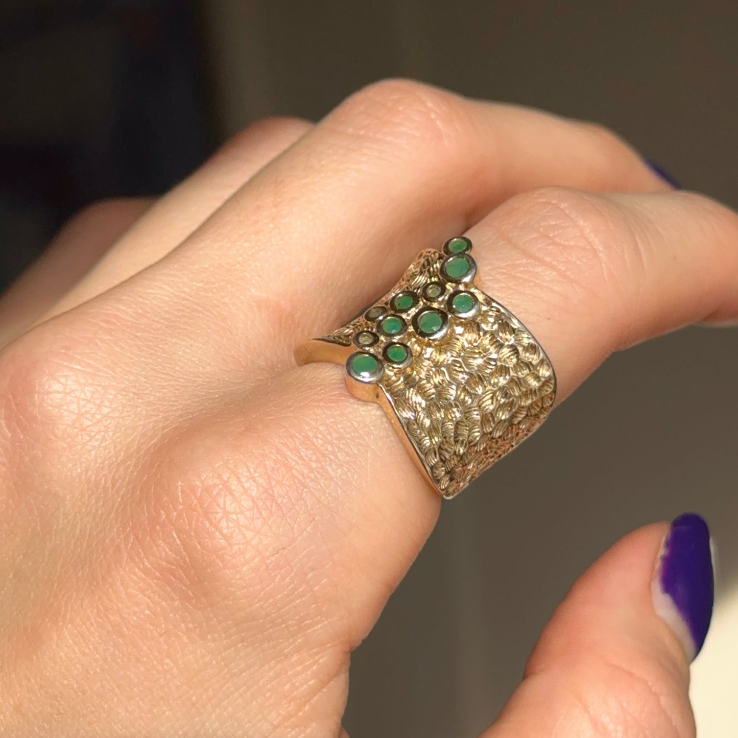 Estate Gold-Plated Sterling Silver Round Emeralds Bezel Textured Ring