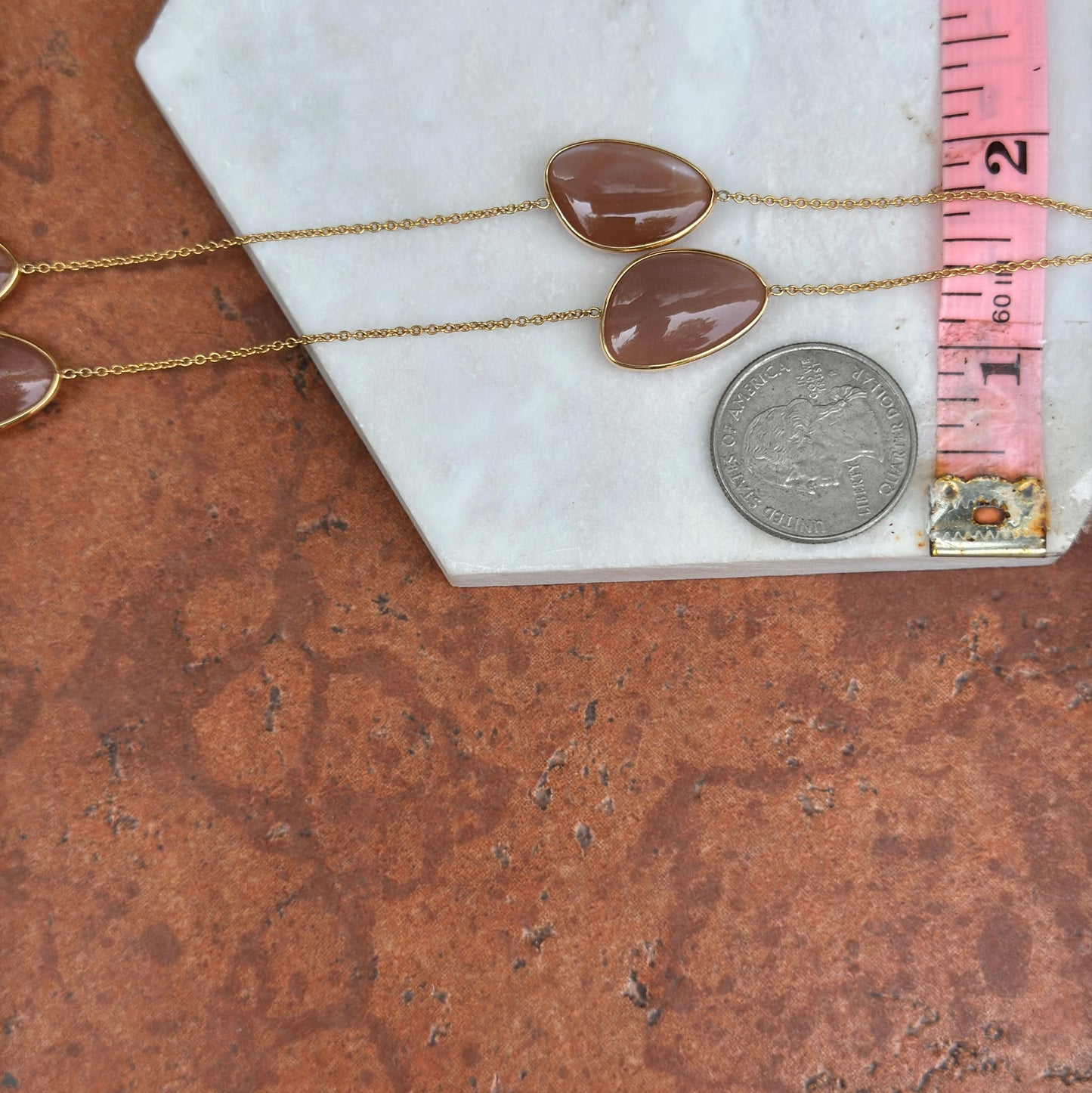 18KT Yellow Gold Bezel Peach Moonstone Station Chain Necklace 20''